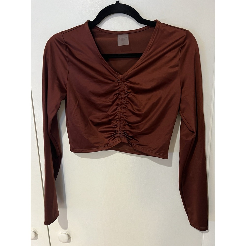 Calia Rash Guard Small Long Sleeve Ruched Top Red Brown Womens Swim Shirt‎